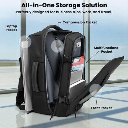 TECPHILE AirFlex 35L backpack open to show laptop sleeve, compression pocket, and multifunctional compartments for organized travel.