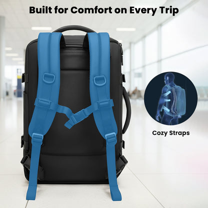 TECPHILE 35L travel backpack with ergonomic padded straps and back support, designed for comfort during long trips.