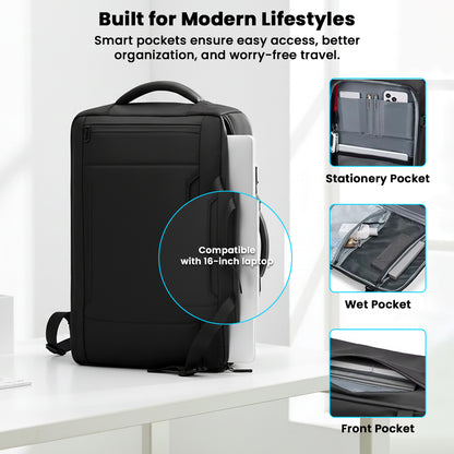 TECPHILE 35L smart backpack with wet pocket, stationery organizer, and 16-inch laptop compatibility for modern travel needs.