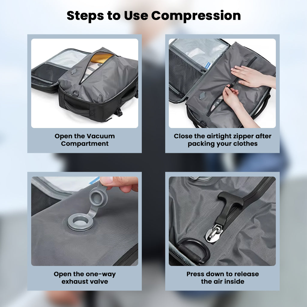 Step-by-step guide showing how to use the vacuum compression feature in the TECPHILE 35L travel backpack for space-saving packing.