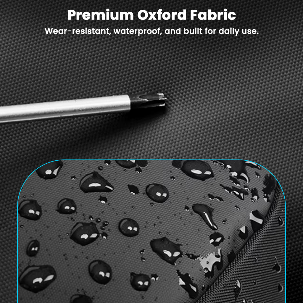 Close-up of waterproof Oxford fabric on TECPHILE 35L backpack, showcasing its durability and water resistance for daily use.