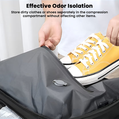 TECPHILE 35L backpack with odor-isolating compression compartment for storing shoes or dirty clothes separately while traveling.