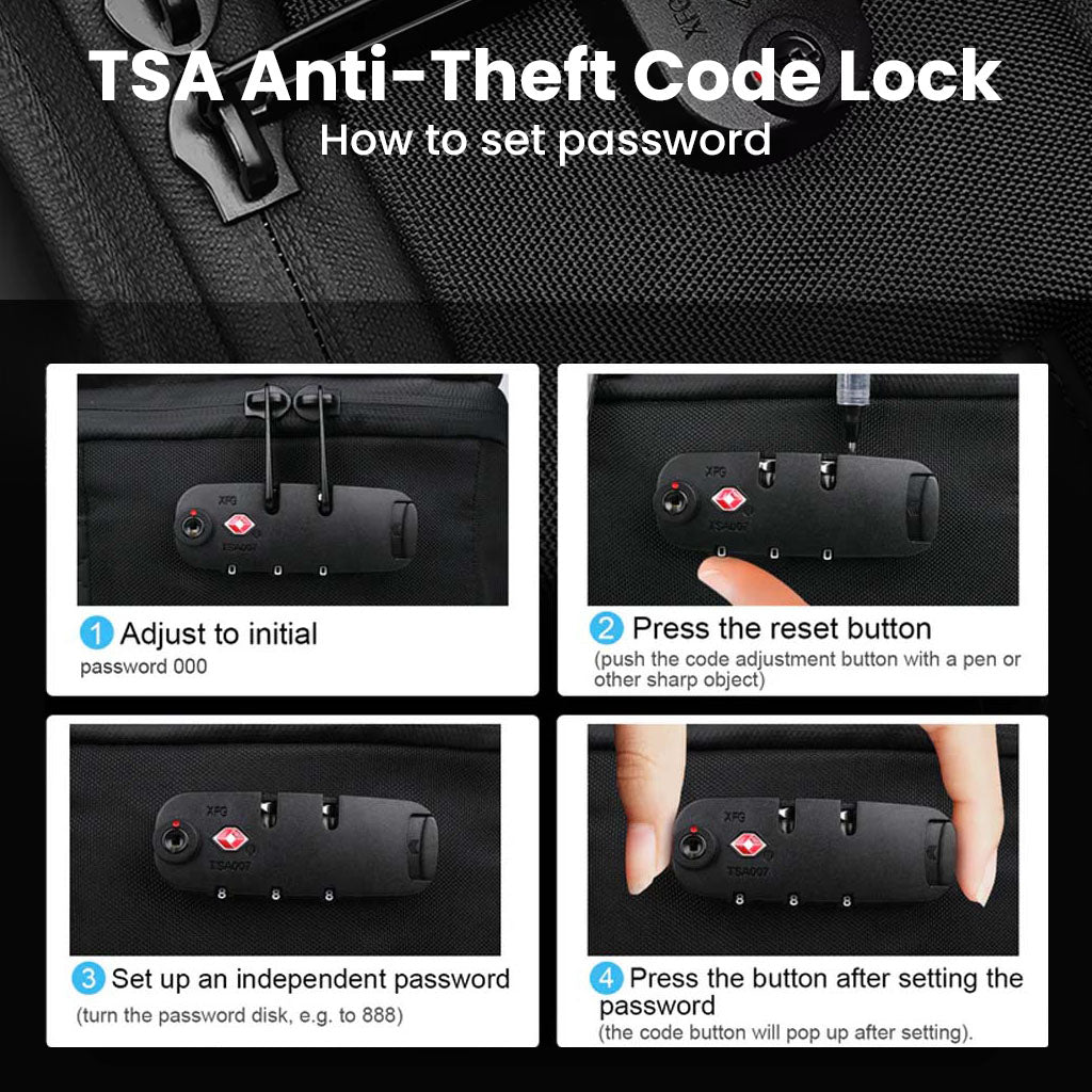 TSA-approved anti-theft code lock instructions for RZTX JL152E Airpack Travel Backpack, enhancing travel security.