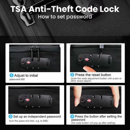 TSA-approved anti-theft code lock instructions for RZTX JL152E Airpack Travel Backpack, enhancing travel security.