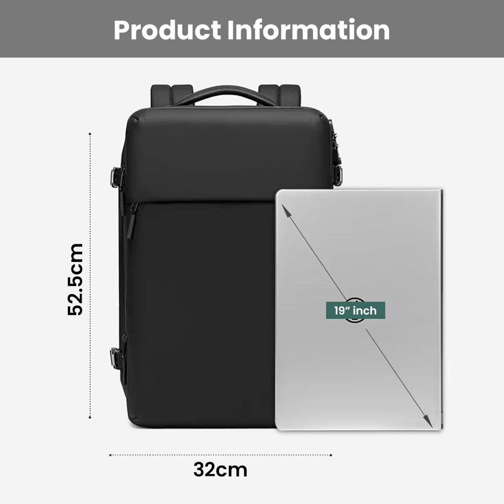 Size comparison of RZTX JL152E Airpack Backpack with 19-inch laptop, showing 52.5cm height and 32cm width.