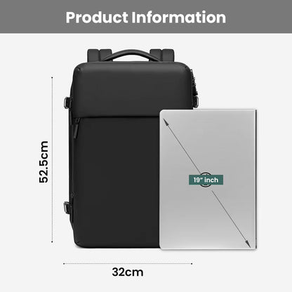 Size comparison of RZTX JL152E Airpack Backpack with 19-inch laptop, showing 52.5cm height and 32cm width.