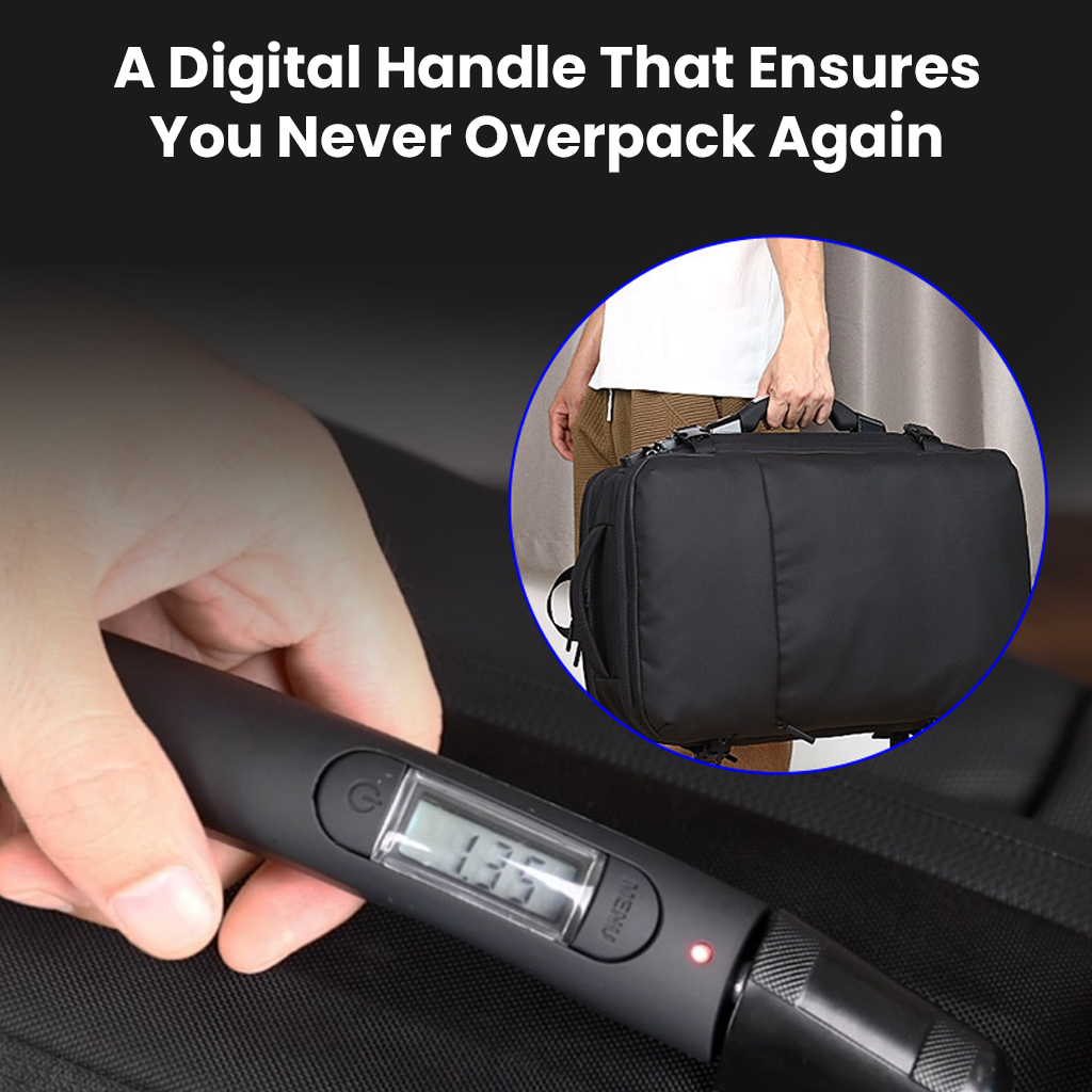 Digital handle on RZTX JL152E Airpack Backpack with built-in scale to prevent overpacking during travel.