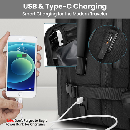 USB and Type-C charging ports on RZTX JL152E Airpack Backpack for modern travelers, supports power bank connection.