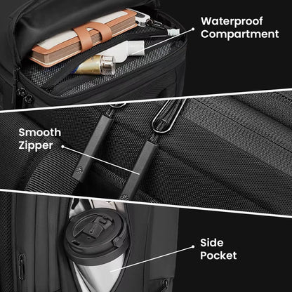 Detailed view of RZTX JL152E Airpack Backpack compartments including waterproof pocket, smooth zipper, and side bottle holder.
