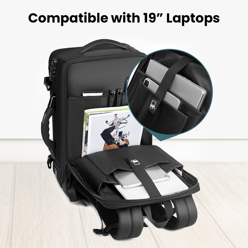 Laptop compartment of RZTX JL152E Airpack Backpack showing compatibility with 19-inch laptops and tablets.