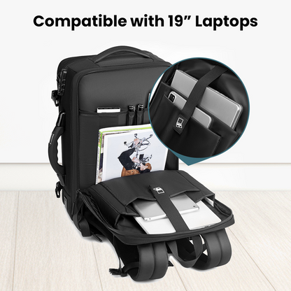 Laptop compartment of RZTX JL152E Airpack Backpack showing compatibility with 19-inch laptops and tablets.