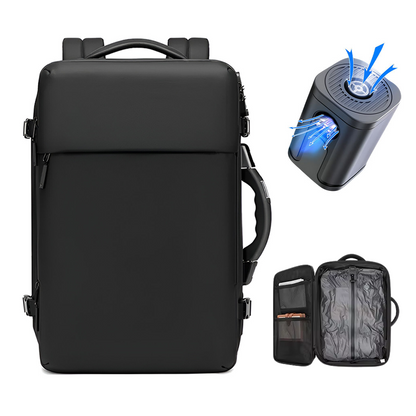 Back view of RZTX JL152E Airpack Travel Vacuum Laptop Bag with vacuum compression system and organized interior compartments.