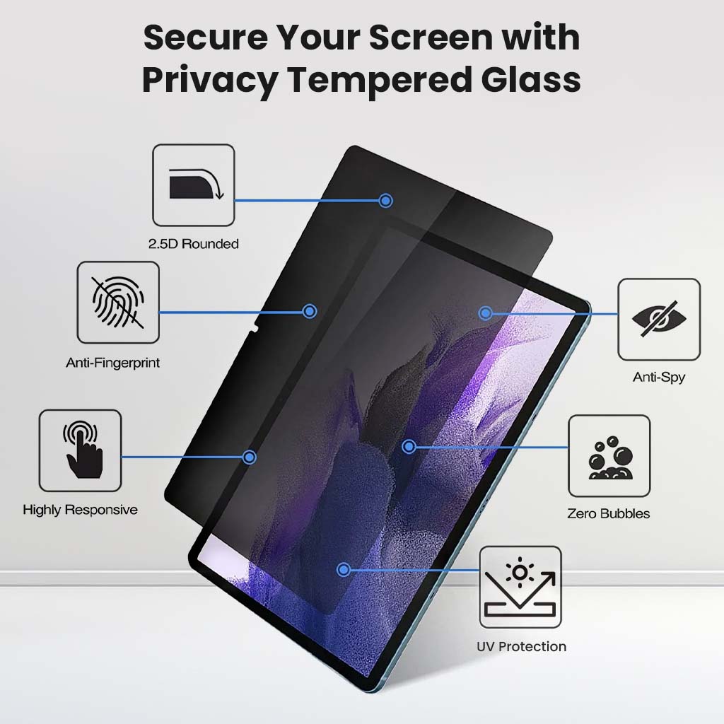 Samsung Galaxy Tab S9 FE/ S9 privacy screen protector with anti-fingerprint, anti-spy, UV protection, and bubble-free installation.