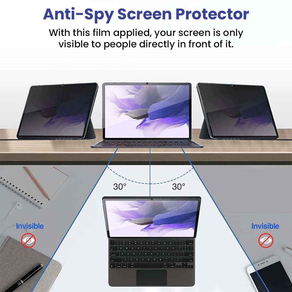 Anti-spy screen protector for Galaxy Tab S9 FE/ S9 limits viewing angles to 30° for enhanced privacy in public spaces.