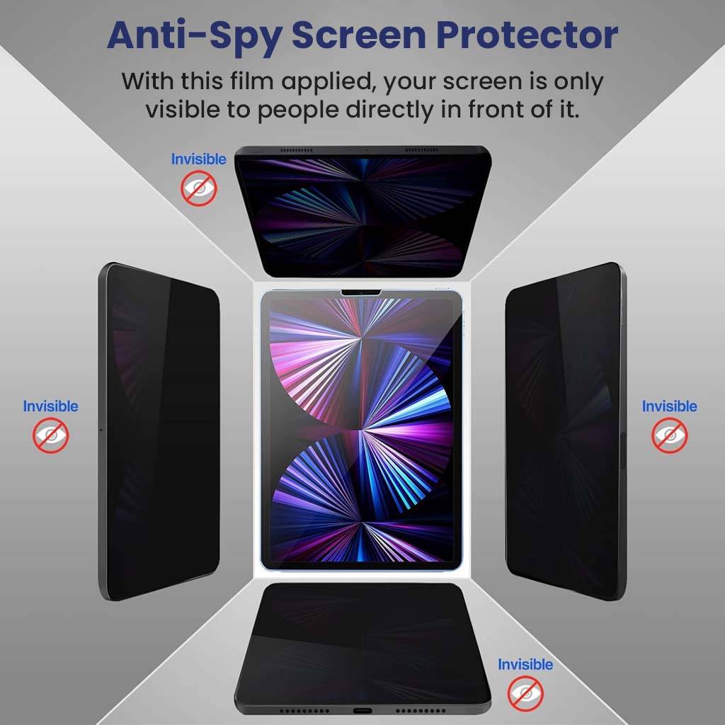 Anti-spy screen protector for iPad Air 5th/4th & Pro 11 ensures screen visibility only from the front, blocking side views for privacy.