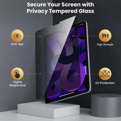 Secure your iPad Air 5th/4th & Pro 11 with privacy tempered glass featuring anti-spy, 9H hardness, UV protection, and high responsiveness.