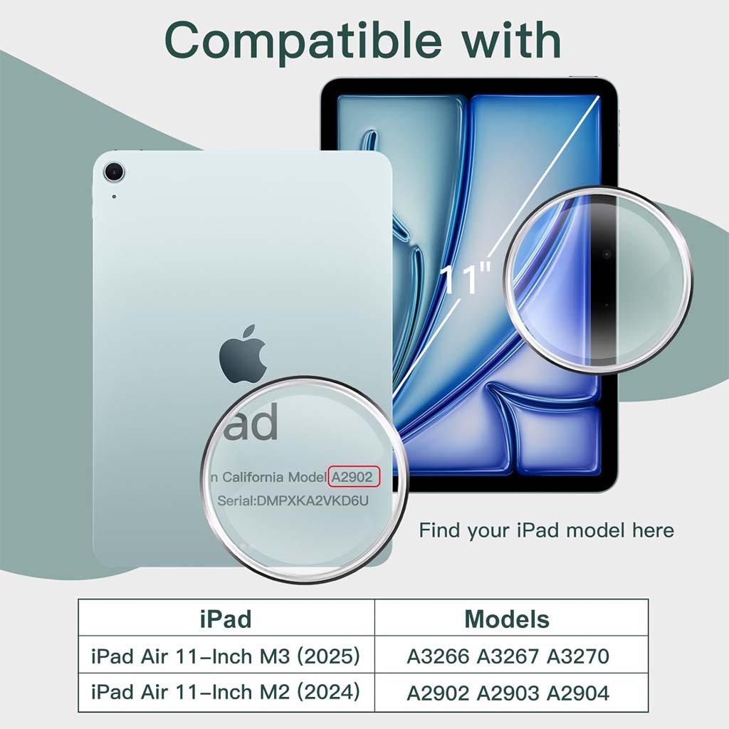 Compatibility chart for Anti Spy Privacy Tempered Glass Screen Protector showing supported iPad Air 11 M2 and M3 models with model numbers.