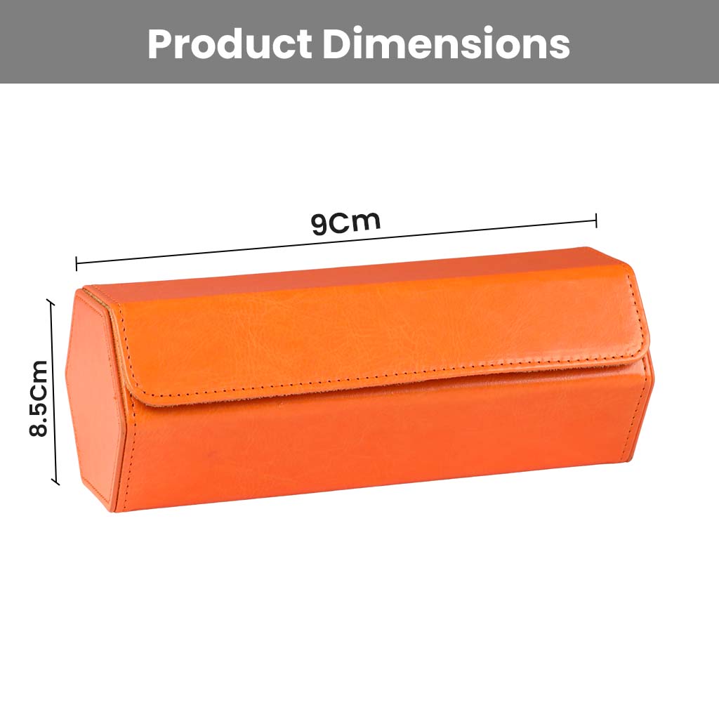 Product dimensions of TECPHILE Watch Box shown as 9cm x 8.5cm, highlighting its compact design for efficient watch storage and travel.