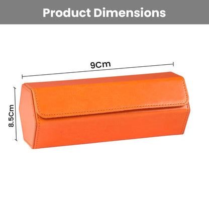 Product dimensions of TECPHILE Watch Box shown as 9cm x 8.5cm, highlighting its compact design for efficient watch storage and travel.