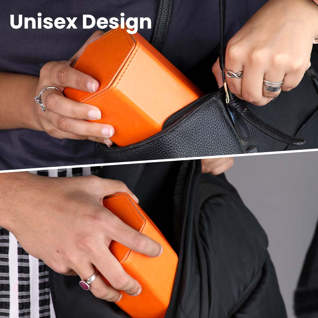 Unisex design of TECPHILE Watch Box shown being placed in bags by both men and women, emphasizing portability and universal appeal.