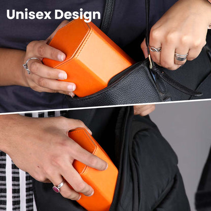 Unisex design of TECPHILE Watch Box shown being placed in bags by both men and women, emphasizing portability and universal appeal.
