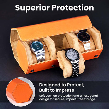 AUDIOCULAR- RESO Watch Box with hexagonal design and soft cushion interior, offering superior protection and stylish storage for three watches.