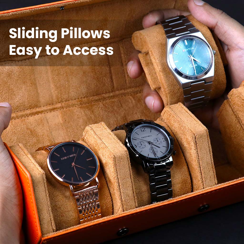 Hands accessing watches from the AUDIOCULAR- RESO Watch Box with sliding pillows, designed for easy access and organized watch display.