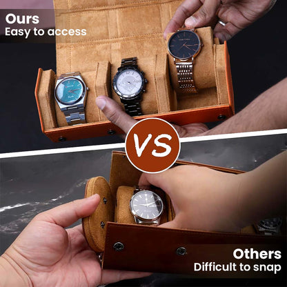 Comparison of AUDIOCULAR- RESO Watch Box vs others, showcasing easy access and better snap functionality for convenient watch storage.