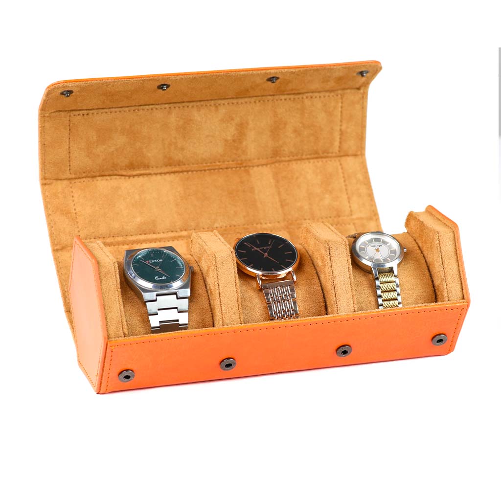 AUDIOCULAR- RESO Watch Box Holder Organizer Case with 3 Slot in orange leather, showcasing three watches in a soft suede interior for secure storage.