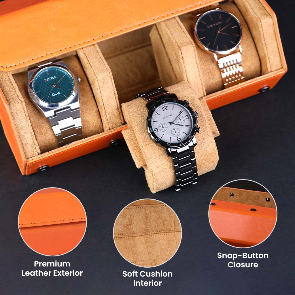 AUDIOCULAR- RESO Watch Box features premium leather exterior, soft cushion interior, and snap-button closure for secure and stylish watch storage.