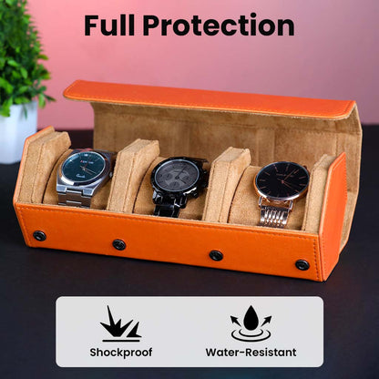 TECPHILE Watch Box with three watches inside, highlighting its shockproof and water-resistant features for full protection during travel.