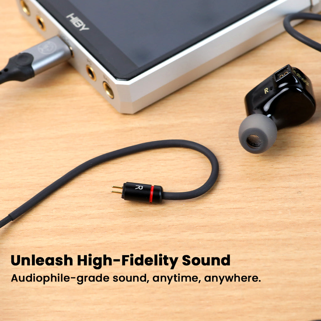 Audiocular C08 cable connected to IEMs and audio player, delivering audiophile-grade sound for portable high-fidelity listening.