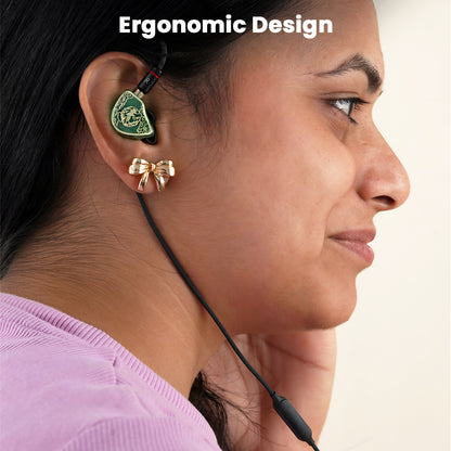 Woman wearing Audiocular C08 IEM cable showcasing ergonomic design for comfortable and secure in-ear fit.