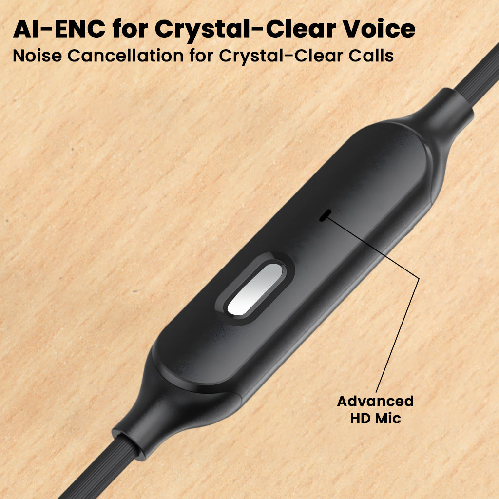 Close-up of Audiocular C08's AI-ENC mic offering advanced noise cancellation for crystal-clear voice calls and audio clarity.