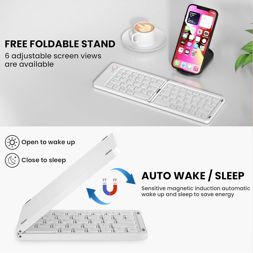 White B023 foldable keyboard with phone stand and auto wake/sleep function, designed for efficient mobile typing.