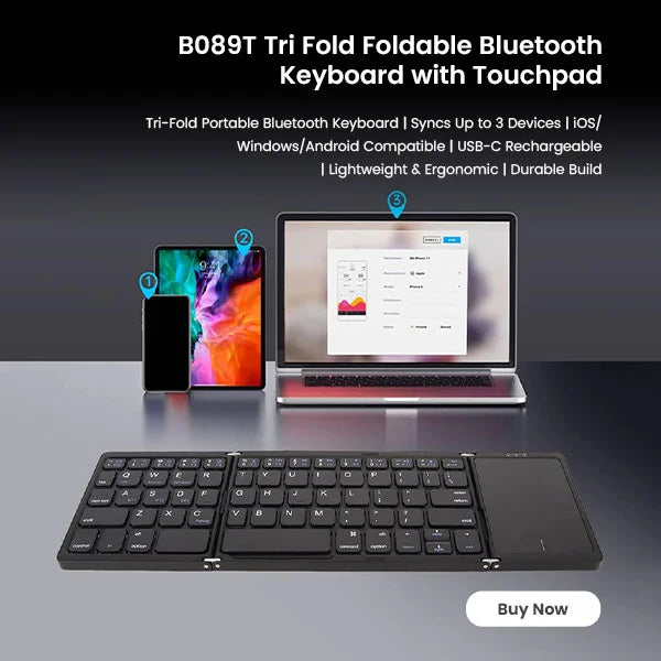 B089t tri fold foldable bluetooth keyboard with touchpad for mobile