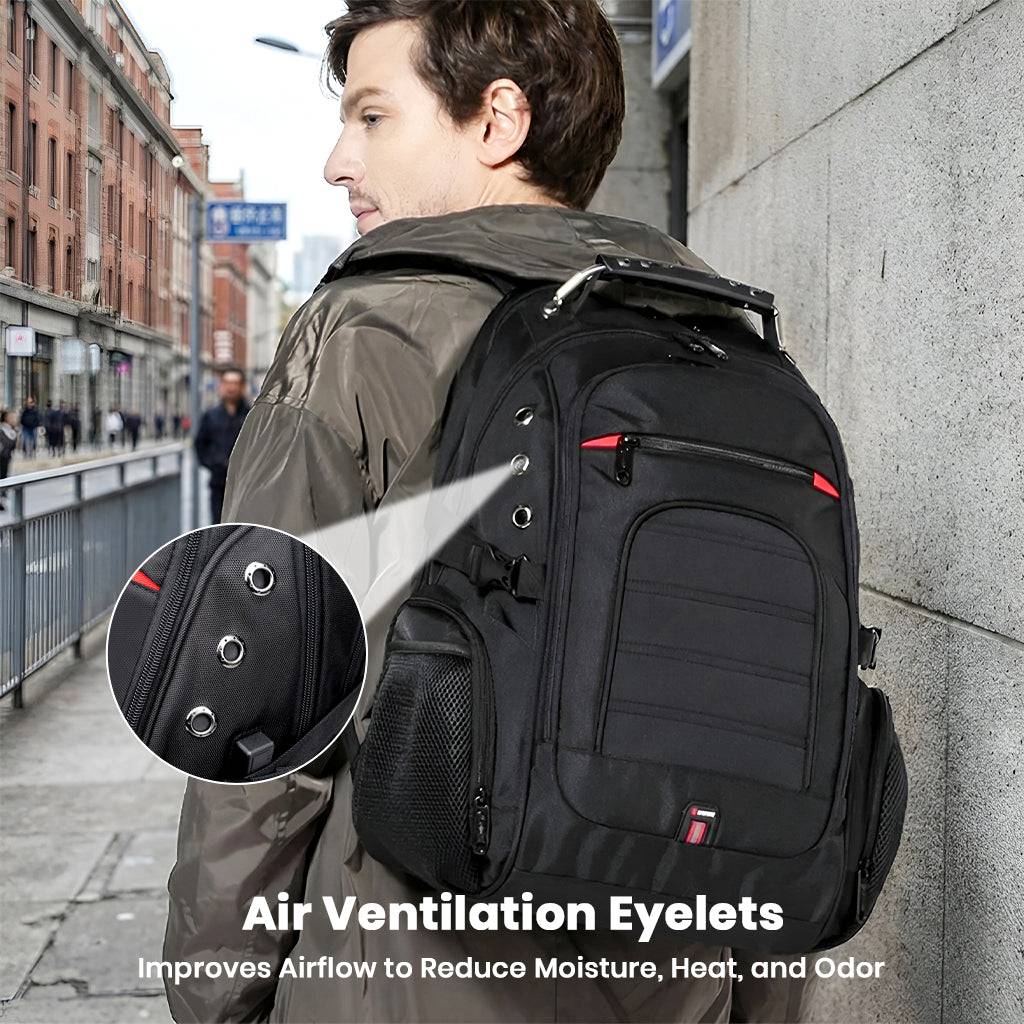 Man wearing BANGE 1903 anti-theft laptop backpack with air ventilation eyelets for improved airflow and comfort during travel.