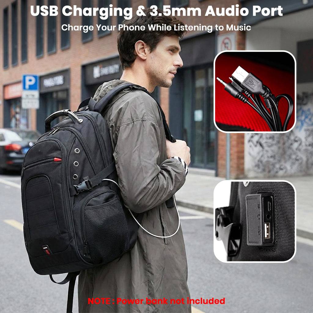 Man using BANGE 1903 backpack with USB charging and 3.5mm audio port, ideal for charging devices and listening to music on the go.