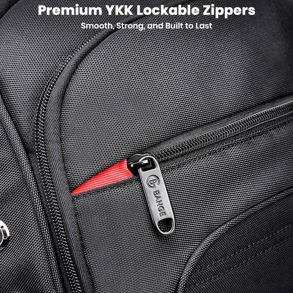 Close-up of BANGE 1903 backpack's premium YKK lockable zippers, highlighting durability and anti-theft security features.