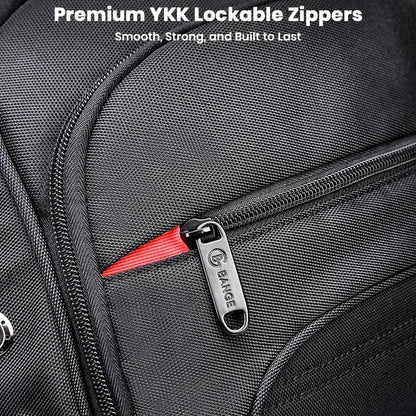 Close-up of BANGE 1903 backpack's premium YKK lockable zippers, highlighting durability and anti-theft security features.