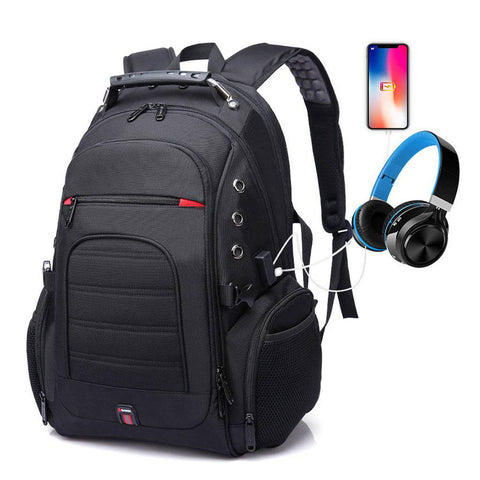 BANGE 1903 40L waterproof anti-theft laptop backpack with USB charging, shown with headphones and smartphone connected via USB port.