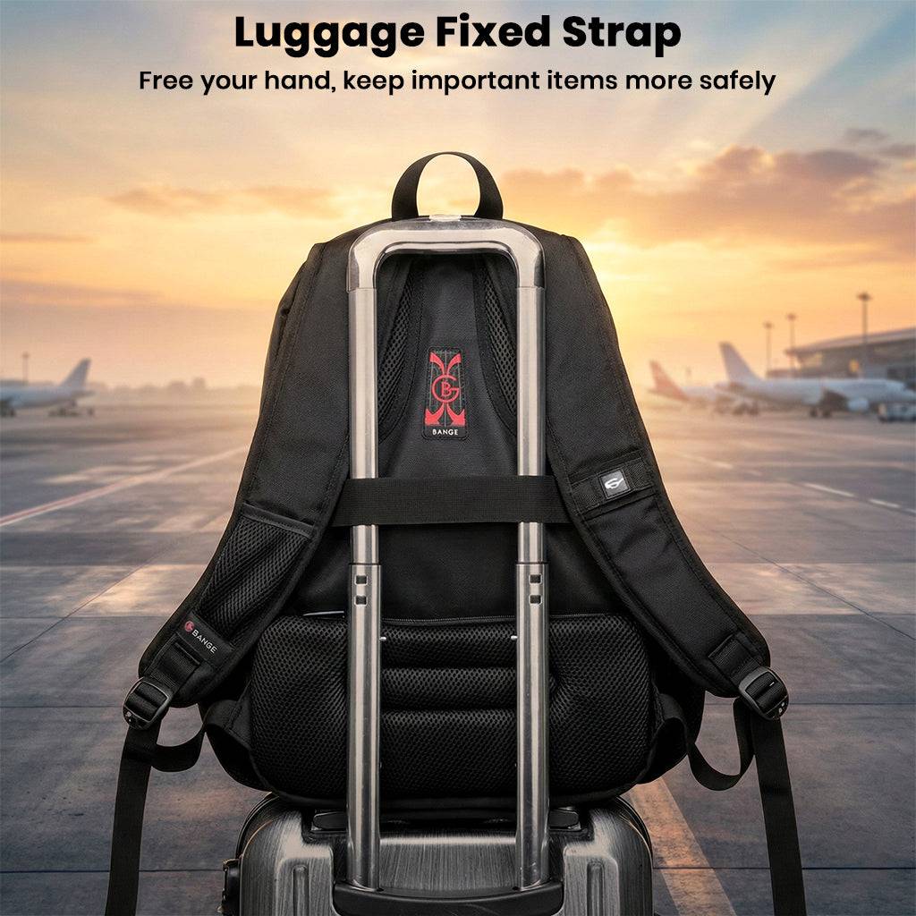 BANGE 1903 laptop backpack attached to luggage using fixed strap, ideal for airport travel and hands-free convenience.