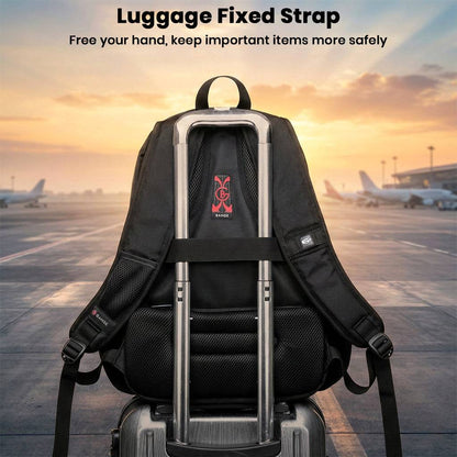 BANGE 1903 laptop backpack attached to luggage using fixed strap, ideal for airport travel and hands-free convenience.
