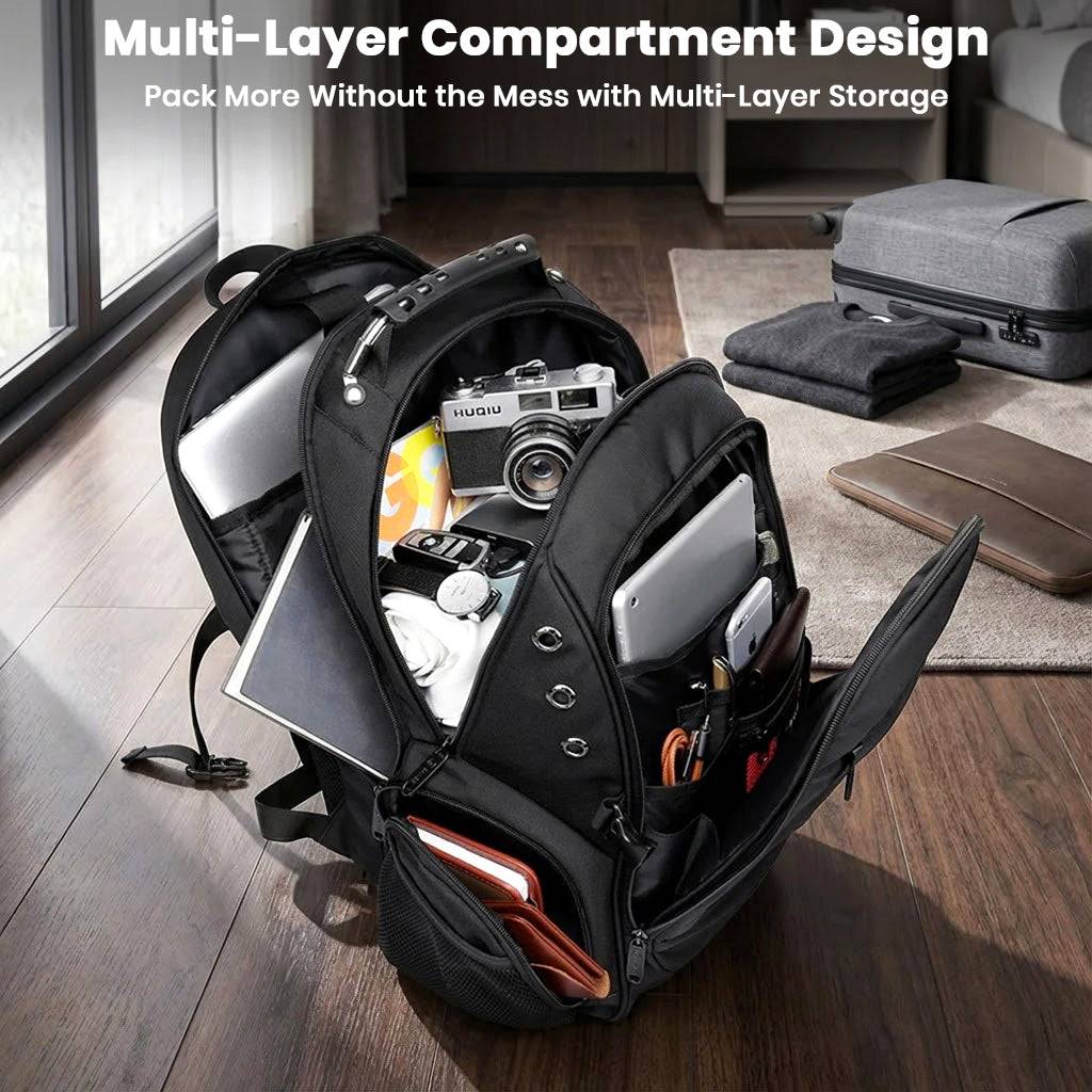 Interior view of BANGE 1903 backpack showing multi-layer compartments for organized storage of electronics and travel gear.