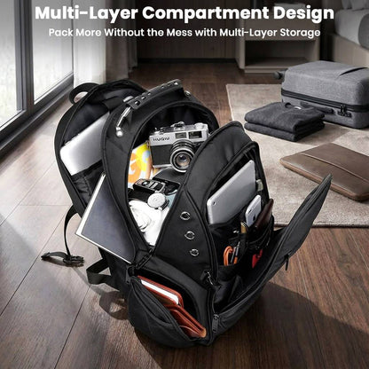 Interior view of BANGE 1903 backpack showing multi-layer compartments for organized storage of electronics and travel gear.