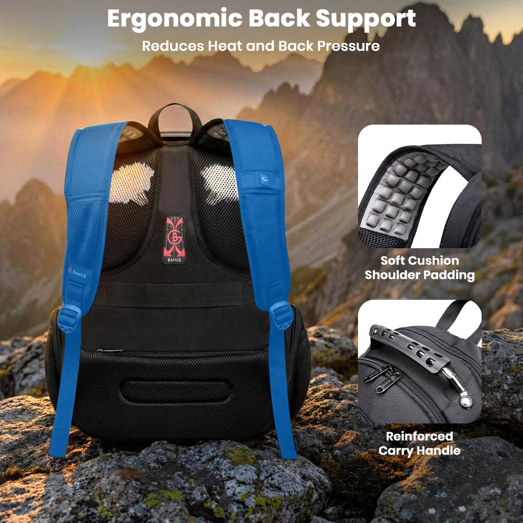 Back view of BANGE 1903 backpack with ergonomic support, soft shoulder padding, and reinforced carry handle for comfort.