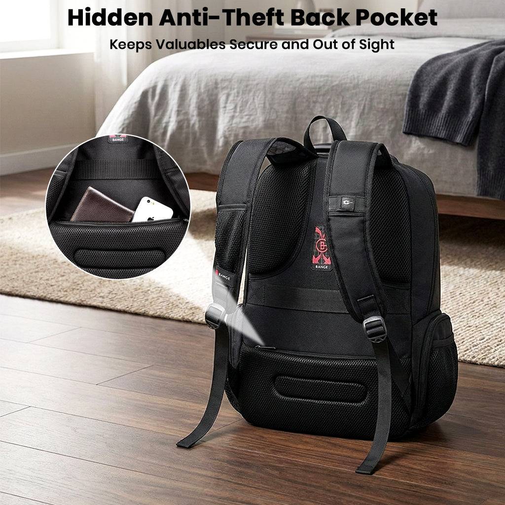 BANGE 1903 backpack featuring hidden anti-theft back pocket for secure storage of valuables like phones and wallets.