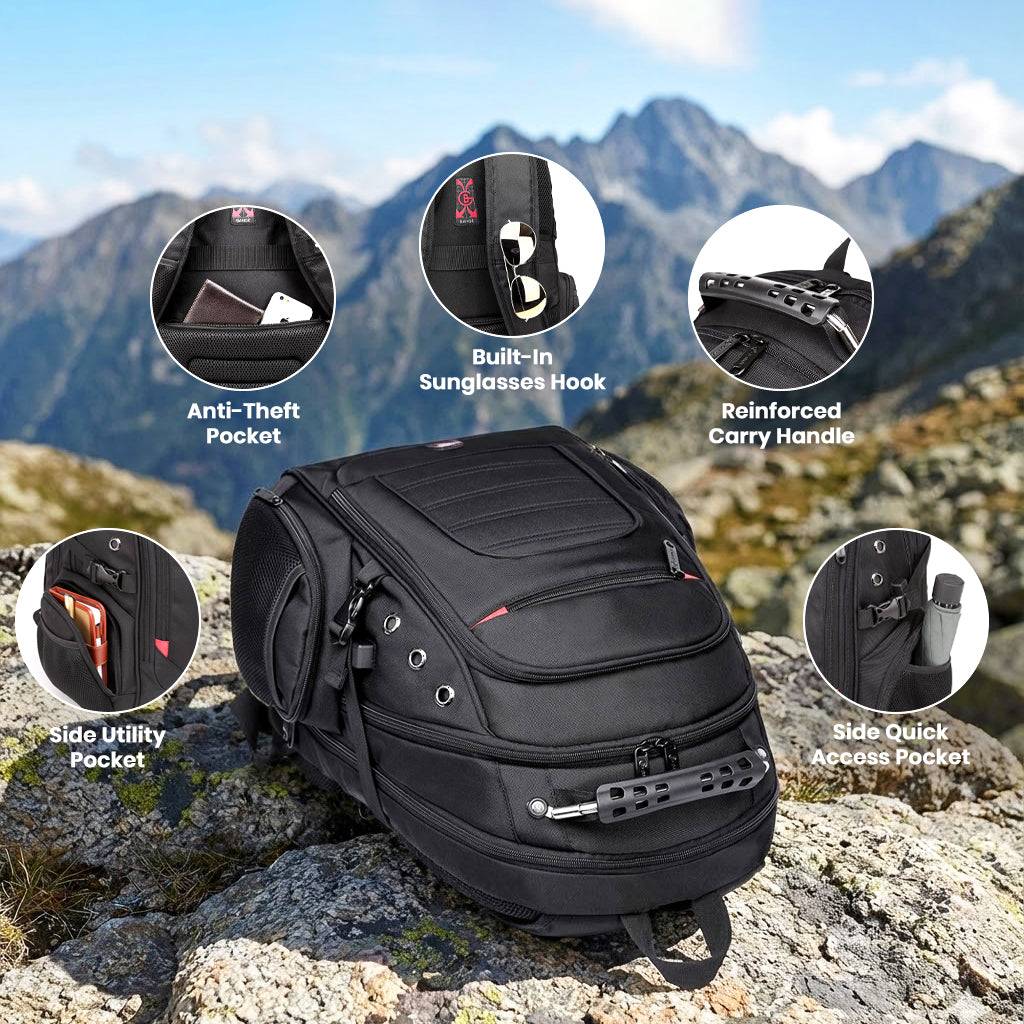 BANGE 1903 backpack displayed outdoors with labeled features including anti-theft pocket, utility pocket, and reinforced handle.
