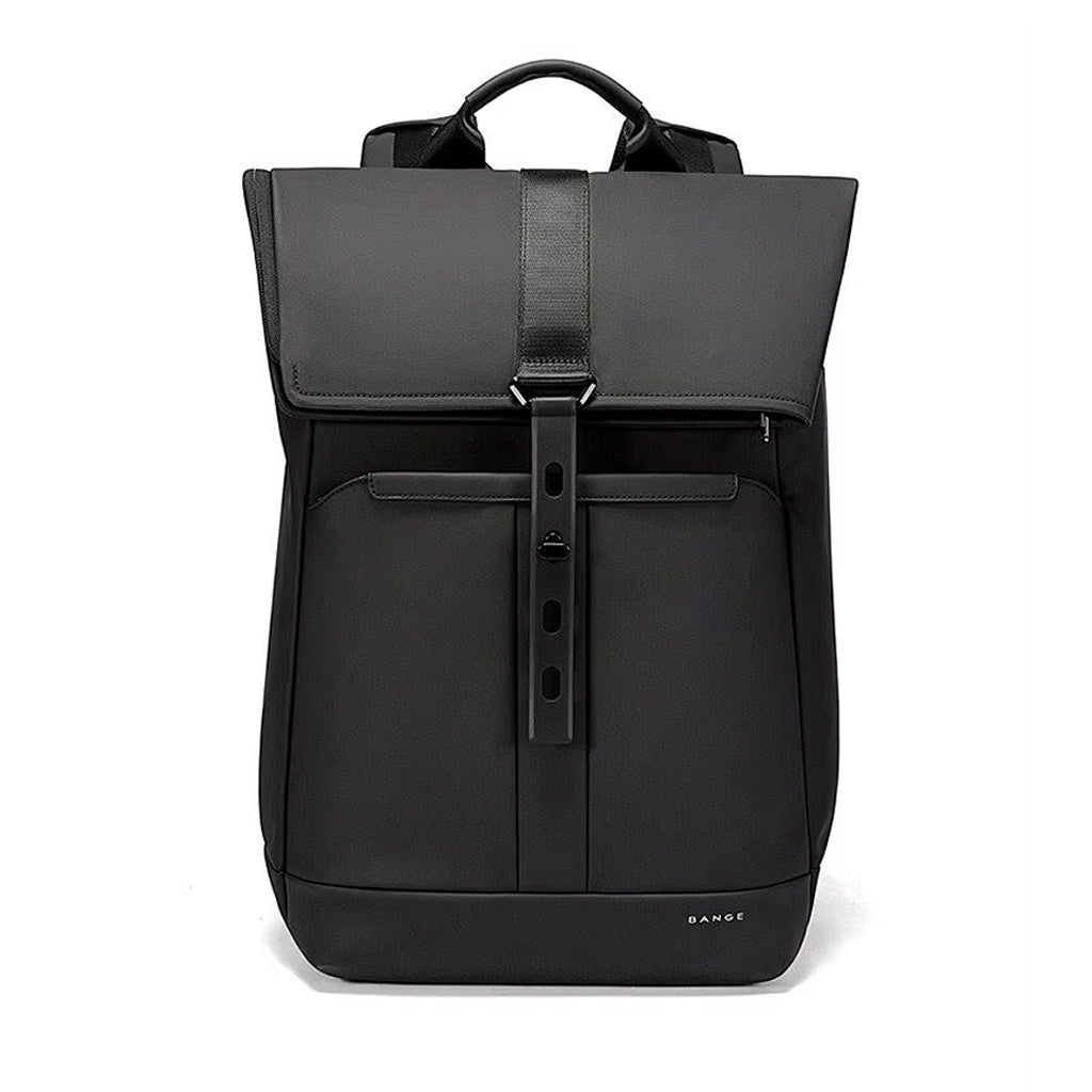 Front view of BANGE 2888 Roll Top Laptop Backpack showing minimalist design and secure buckle strap, perfect for daily commuting.