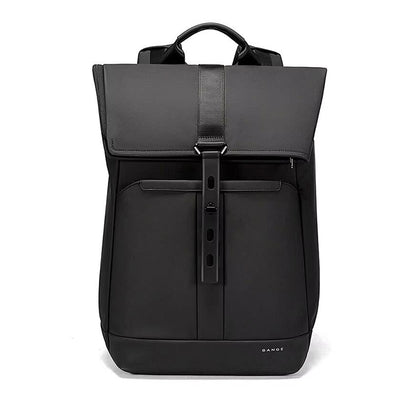 Front view of BANGE 2888 Roll Top Laptop Backpack showing minimalist design and secure buckle strap, perfect for daily commuting.
